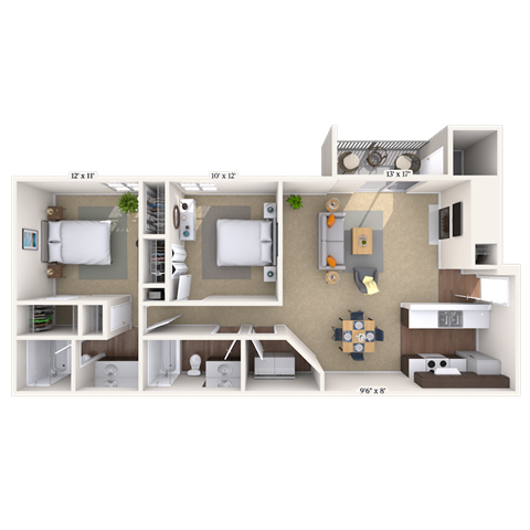 Floor plan for 2 beds, 2 baths, 1000 sqft